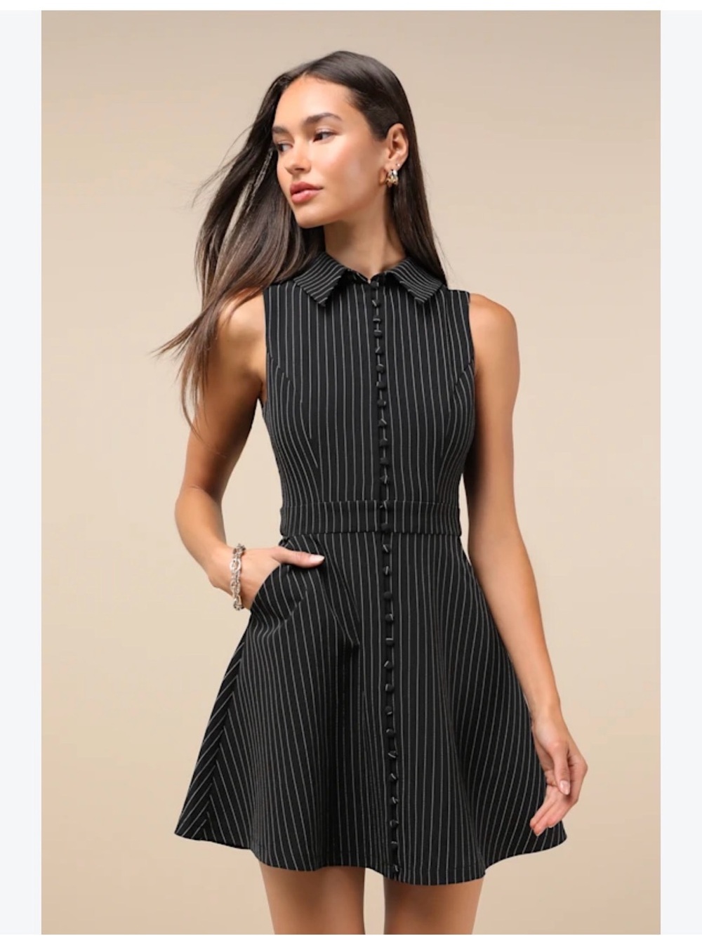 Lulu's Black Pinstripe Sleeveless Collared Fit & Flare Dress